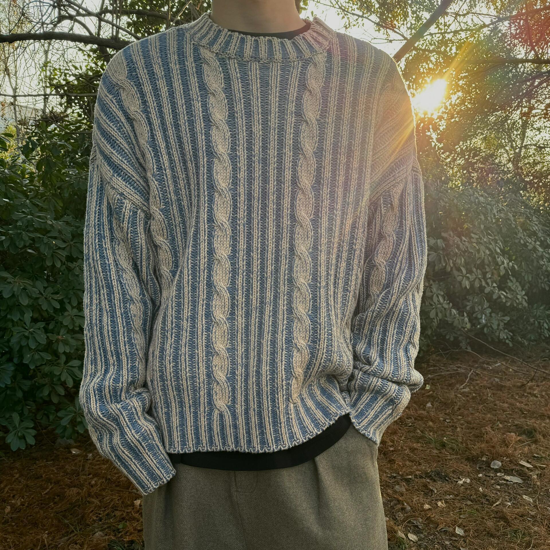 $15.07 Men's Stripes Contrast Color Round Neck Casual Sweater