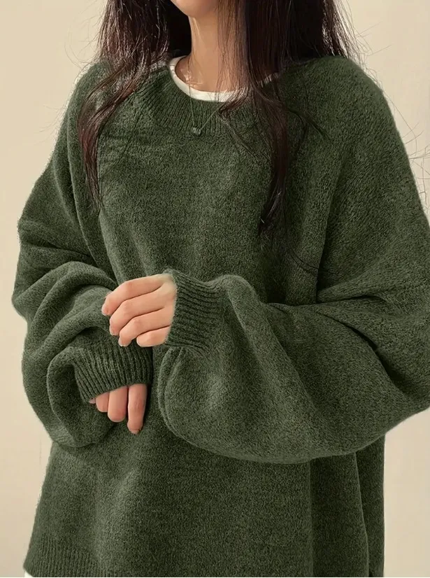 Idle Style Retro Crew Neck Pullover Sweater Green - Shop at LoveMi