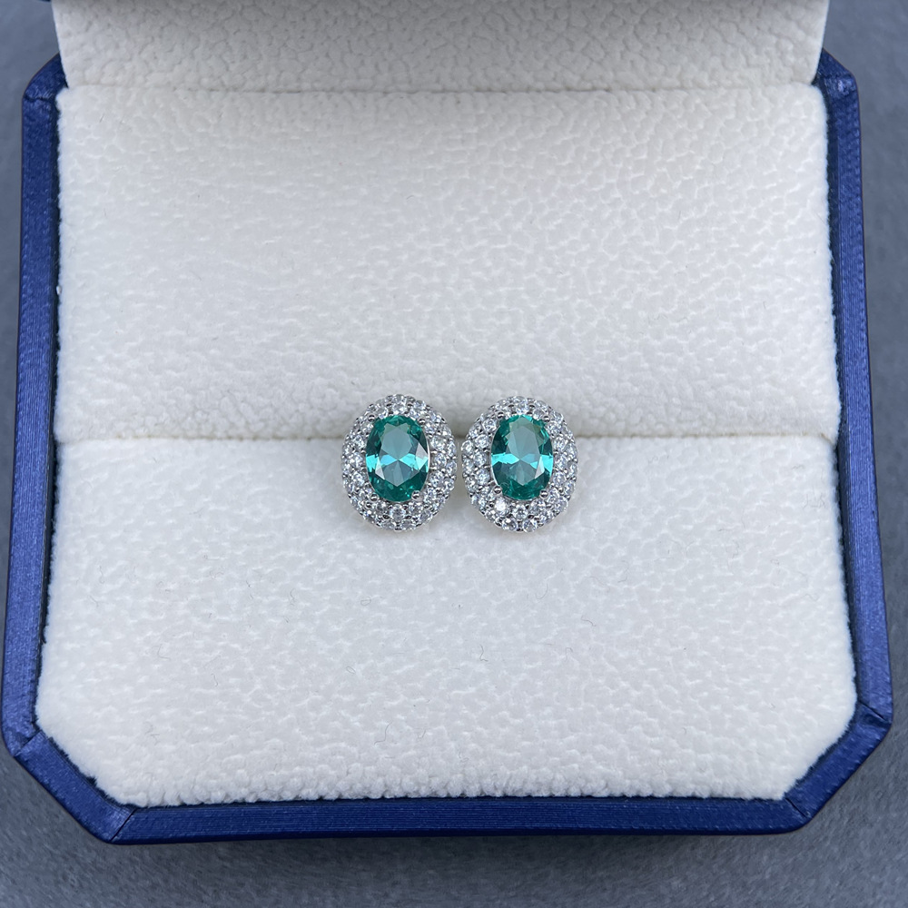 Micro Pave Full Diamond Set Oval Egg Shaped S925 Sterling Silver Stud Earrings For Women