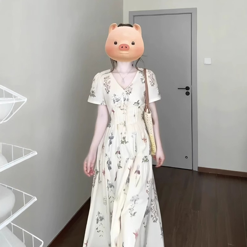 Cinched Slimming Long Dress V neck Women's Wear Color - Shop at LoveMi