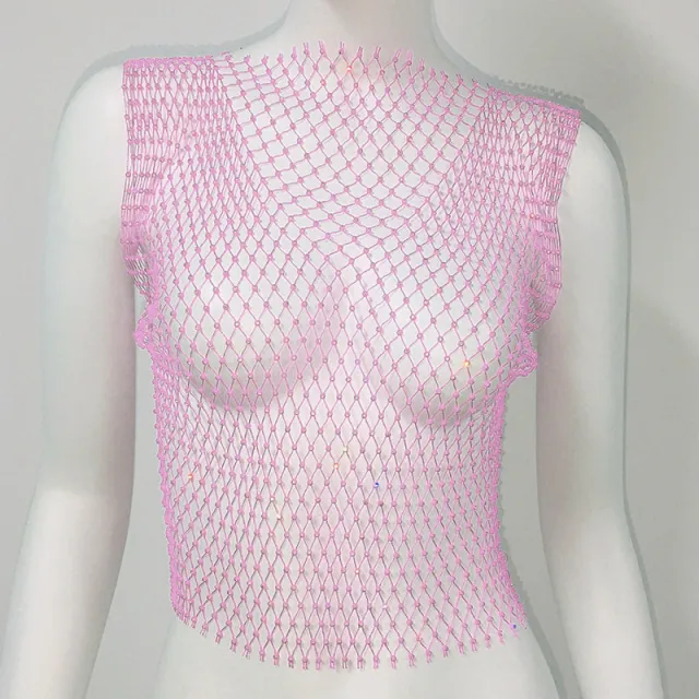 Short Round Neck Fishnet Rhinestone Sleeveless Bottoming Shirt Blouse For Women Pink Round Neck - Shop at LoveMi