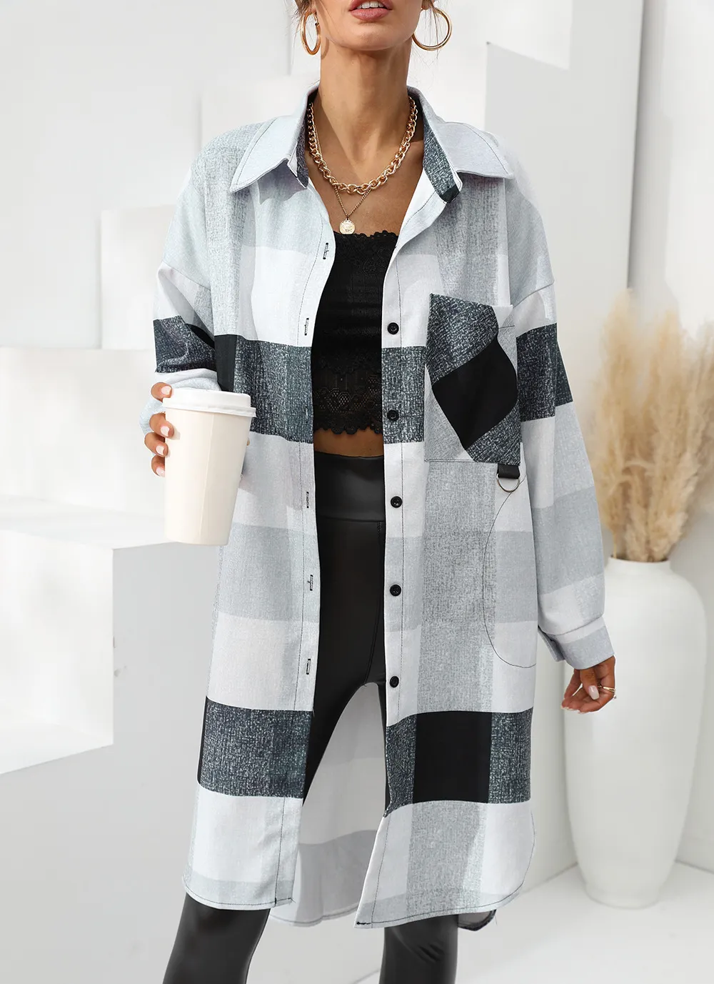 Women's Autumn And Winter Plaid Single-breasted Long Coat - 109671 Gray