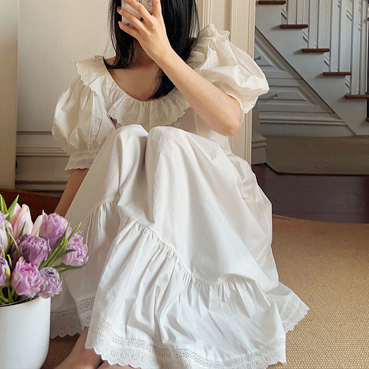 Retro Hepburn Court Style Girl Puff Sleeve Loose Dress