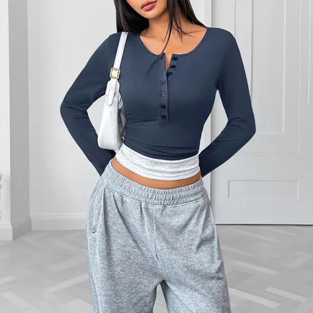 Casual Laid back Style Round Neck Slim fit Assorted Colors Fake Two piece Long sleeved Top For Women Dark Blue - Shop at LoveMi