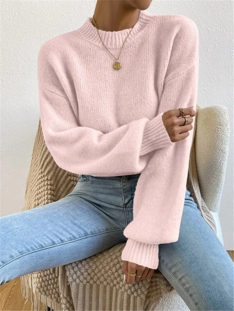Half Turtleneck Solid Color Long Sleeve Knitted Warm Sweater - Pink