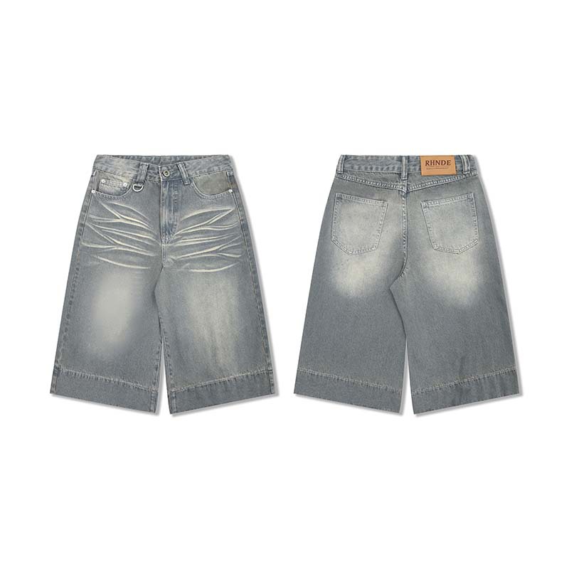 American-style Retro Cat Beard Washed Distressed Design Shorts