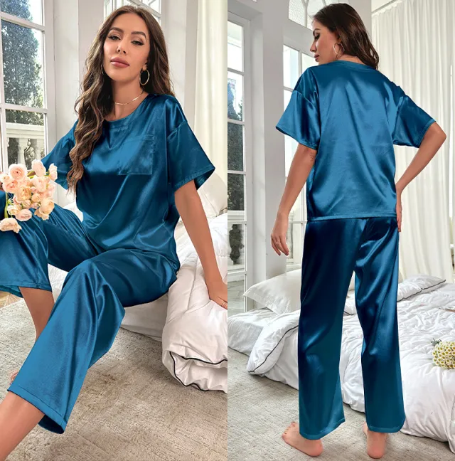 Loose Casual Ice Silk Short Sleeve Trousers Pajamas Suit Indigo L - Shop at LoveMi