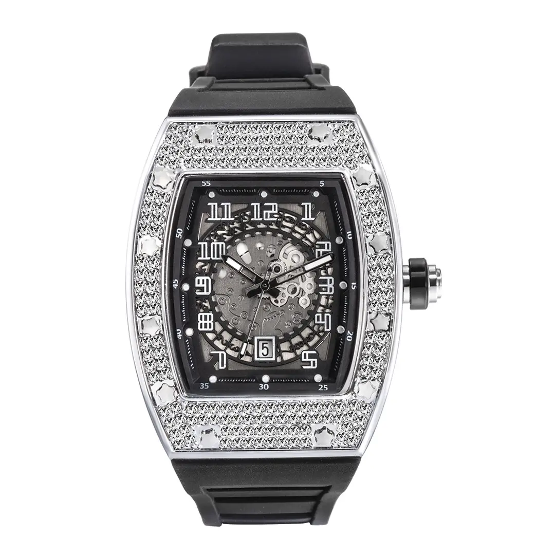 Full Diamond Tonneau Silicone Band Quartz Men's