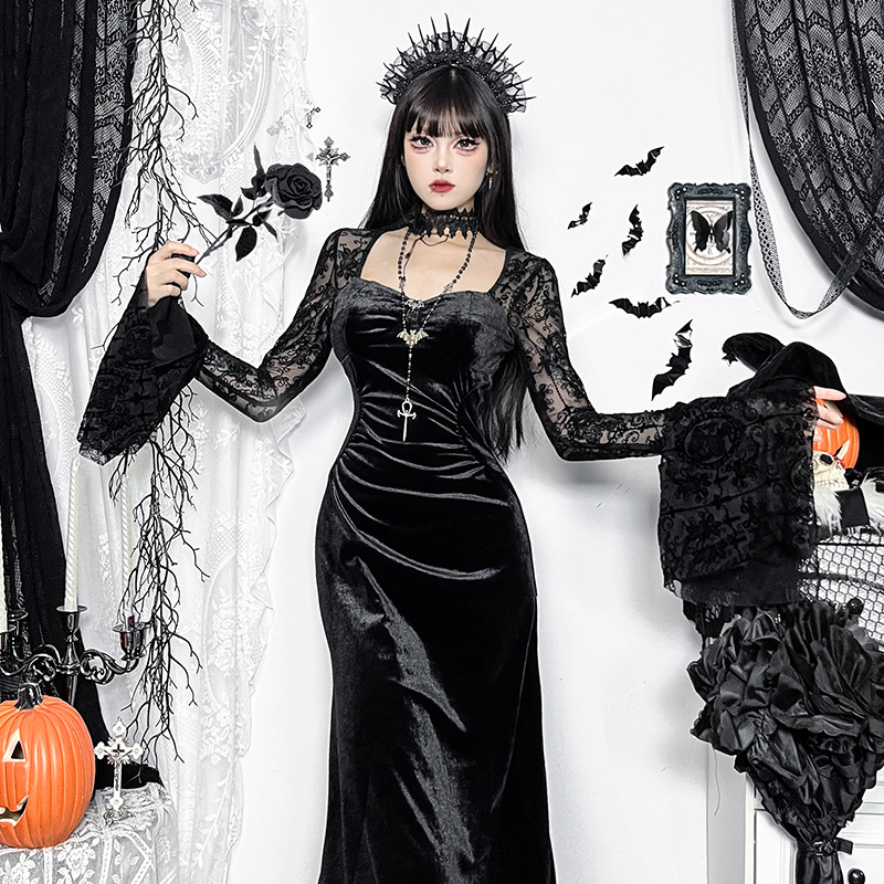 Elegance Retro Velvet Black Dress Women