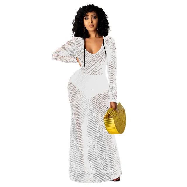 Hollowed Cover Long Skirt Bikini Swimwear Cover up White - Shop at LoveMi