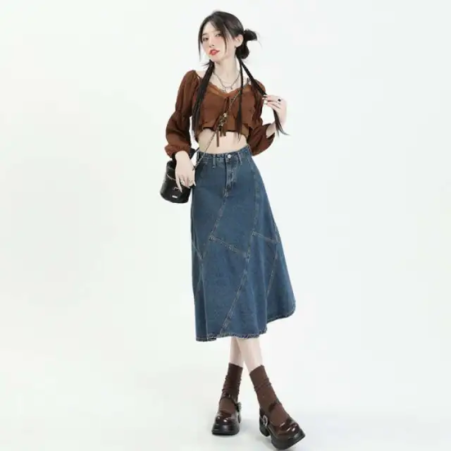 Long Skirt High Waist Denim Skirt Cross Skirt For Women Blue Dress - Shop at LoveMi
