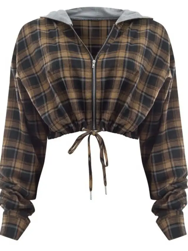 Fashionable Instagram style Loose fitting Trendy Casual Hooded Mesh Top With Lacing And Zipper, Long sleeve Jacket Brown - Shop at LoveMi