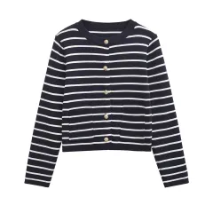 Women's Striped Knitted Coat Straight Skirt Suit - Top-M - View 1