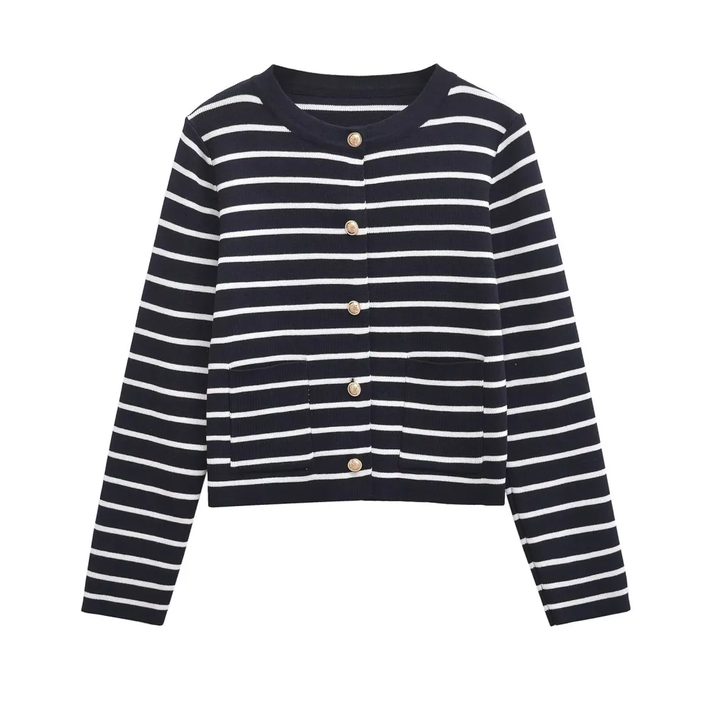 Women's Striped Knitted Coat Straight Skirt Suit - Top-M