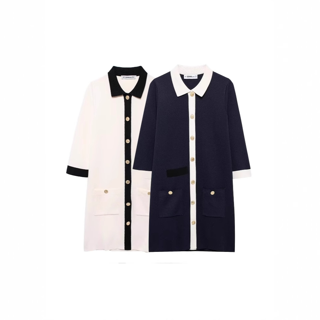 Graceful And Fashionable Color Contrast Patchwork Lapel Knitted Short Dress