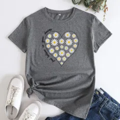 Women's Daisy Printed Cotton Round Neck Short Sleeve T-shirt - Dark Grey - View 1