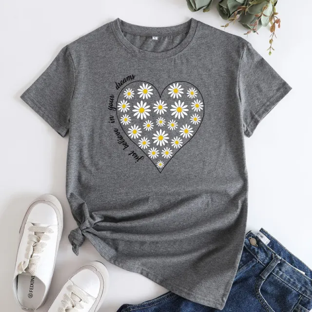 Women's Daisy Printed Cotton Round Neck Short Sleeve T shirt Dark Gray - Shop at LoveMi