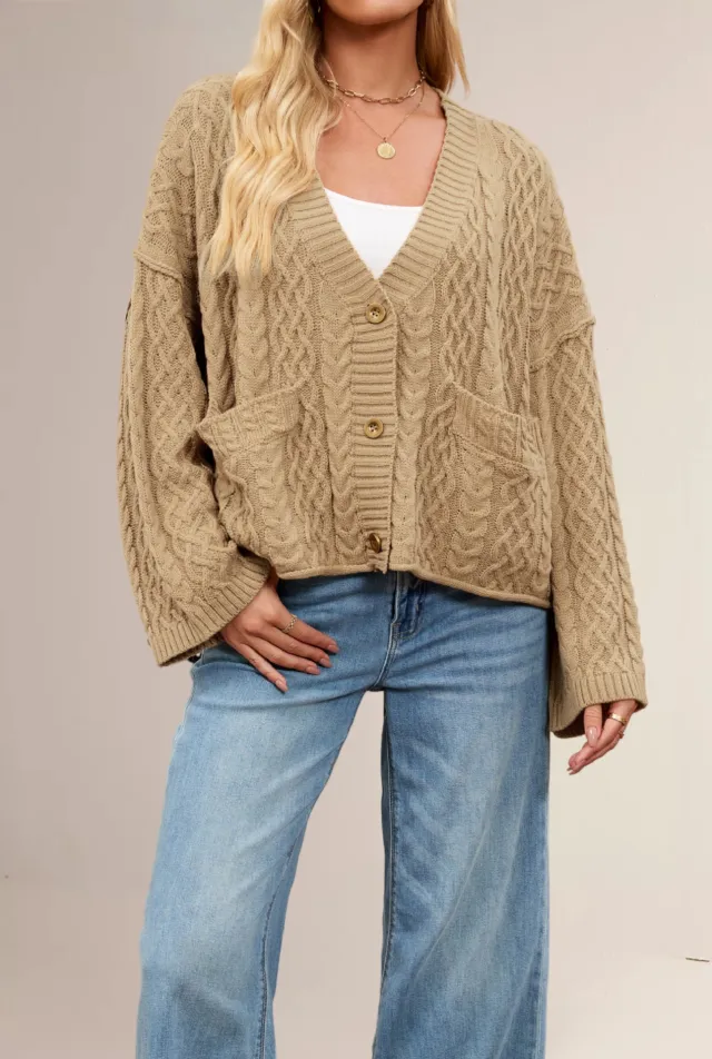 Women's Cable Loose fitting Solid Color Knitted Cardigan Khaki - Shop at LoveMi
