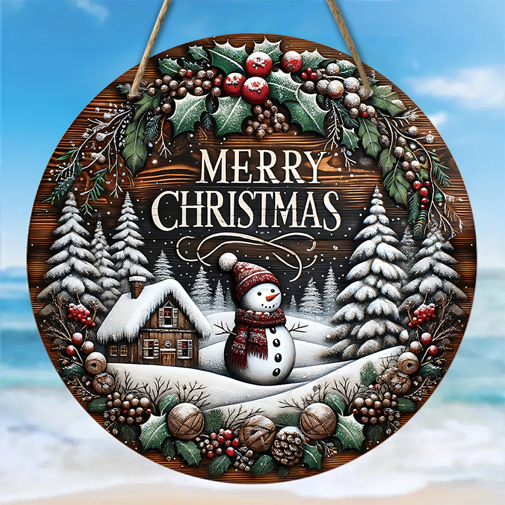 Title 7, Wooden Merry Christmas Snowman Round Sign Wall ...