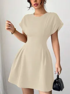 New Elegant Slim-fit Simple Waist-tie Solid Colour High-waist Dress - Champagne - View 1