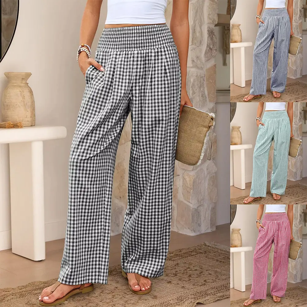 Plaid Casual Trousers Loose-fit Womens Fashion Wide-leg Pants With Pockets