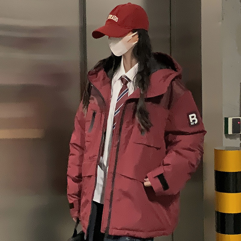 Korean Style Winter Couple Workwear Cotton padded Jacket Loose Hooded Fashion Casual Wine - Shop at LoveMi