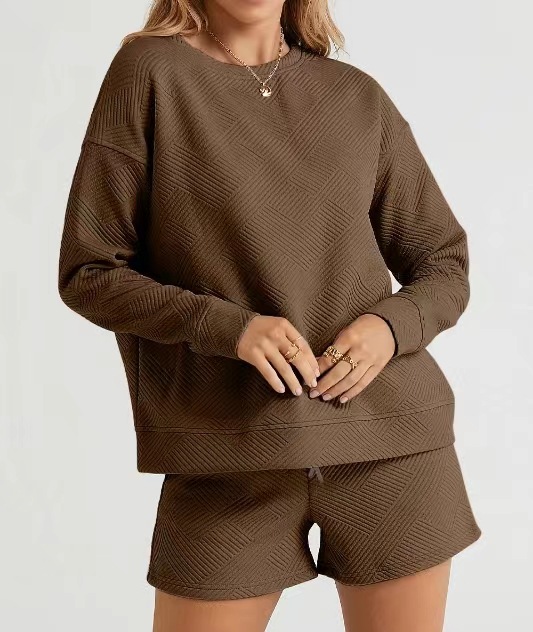 Solid Color Texture Casual Suit Women's Shorts Top Brown - Shop at LoveMi