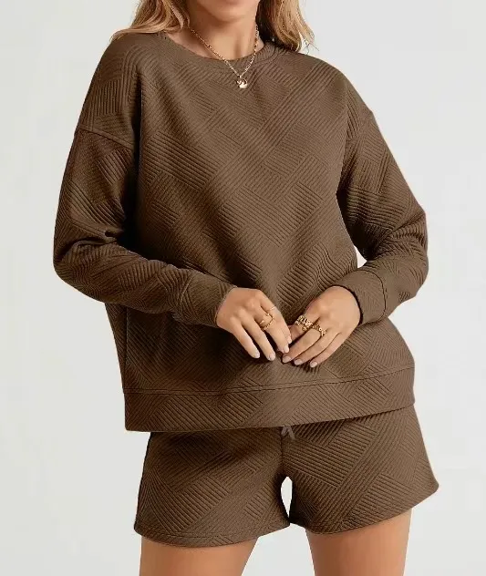 Solid Color Texture Casual Suit Women's Shorts Top Brown - Shop at LoveMi