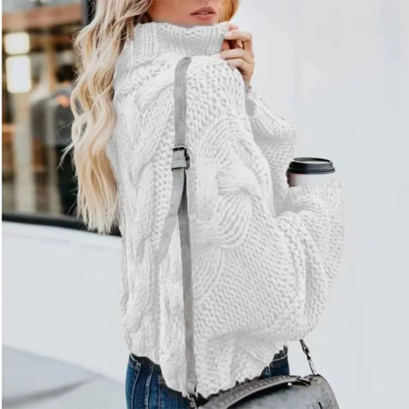 Women's Fashion Casual Turtleneck Pullover Loose-fitting Long Sleeves Sweater - White
