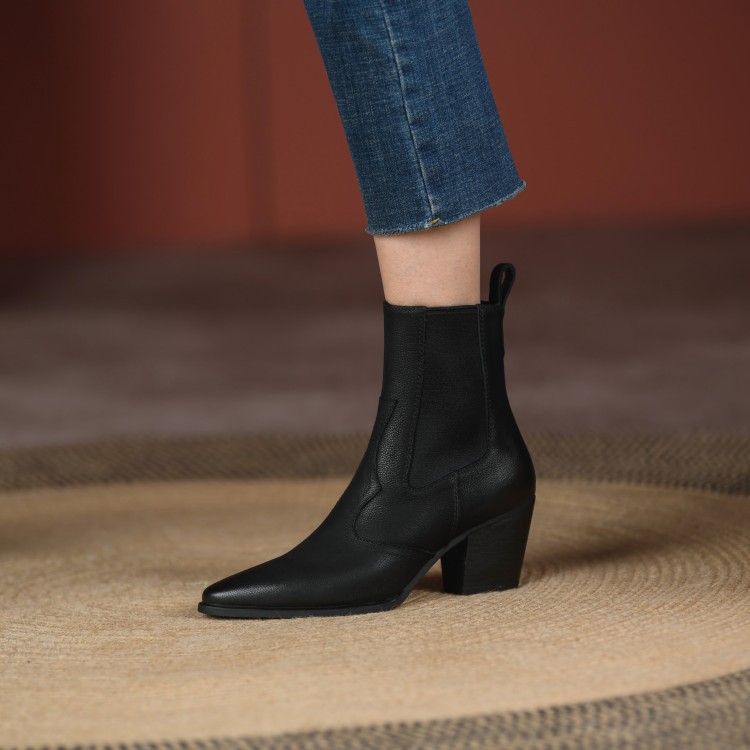 Womens Retro Pointed-toe Ankle Boots With Elastic Band And Chunky Heel