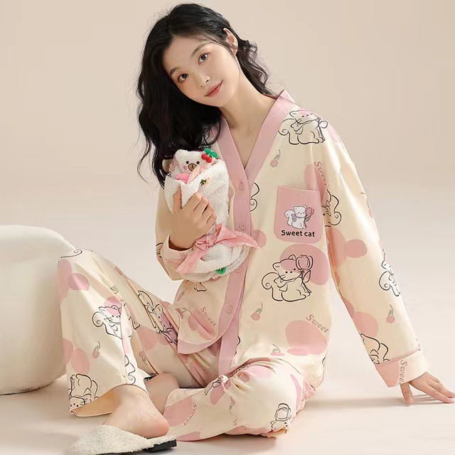 Women's Fashionable Cotton Long-sleeved Pajamas Suit