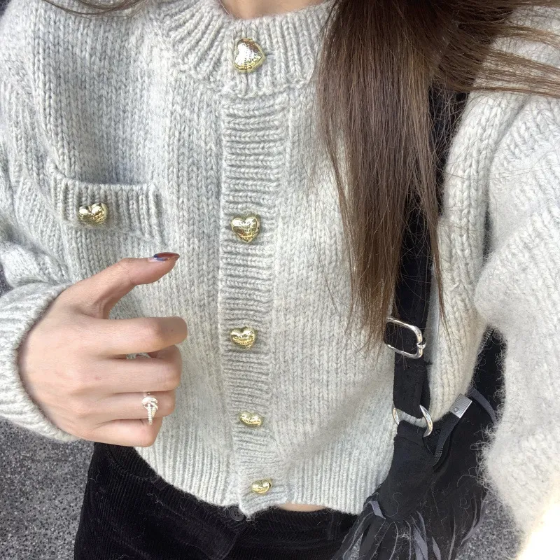 Heart Buckle Cable-knit Sweater Coat For Women Autumn - Gray