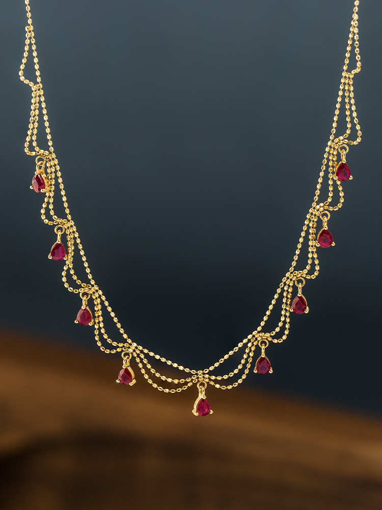 Gold-plated Lace Tassel Imitation Ruby Vintage Water Drop Necklace