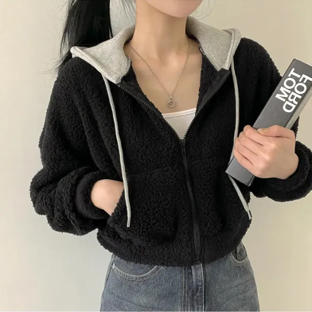 Warm Leisure Sports Loose Lamb Fur Hooded Pocket Small Plush Coat Black - Shop at LoveMi