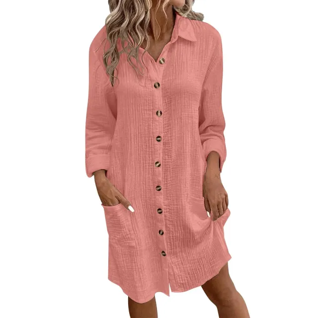 Linen Button down Mid length Long sleeve Shirt Casual Dress Pink - Shop at LoveMi