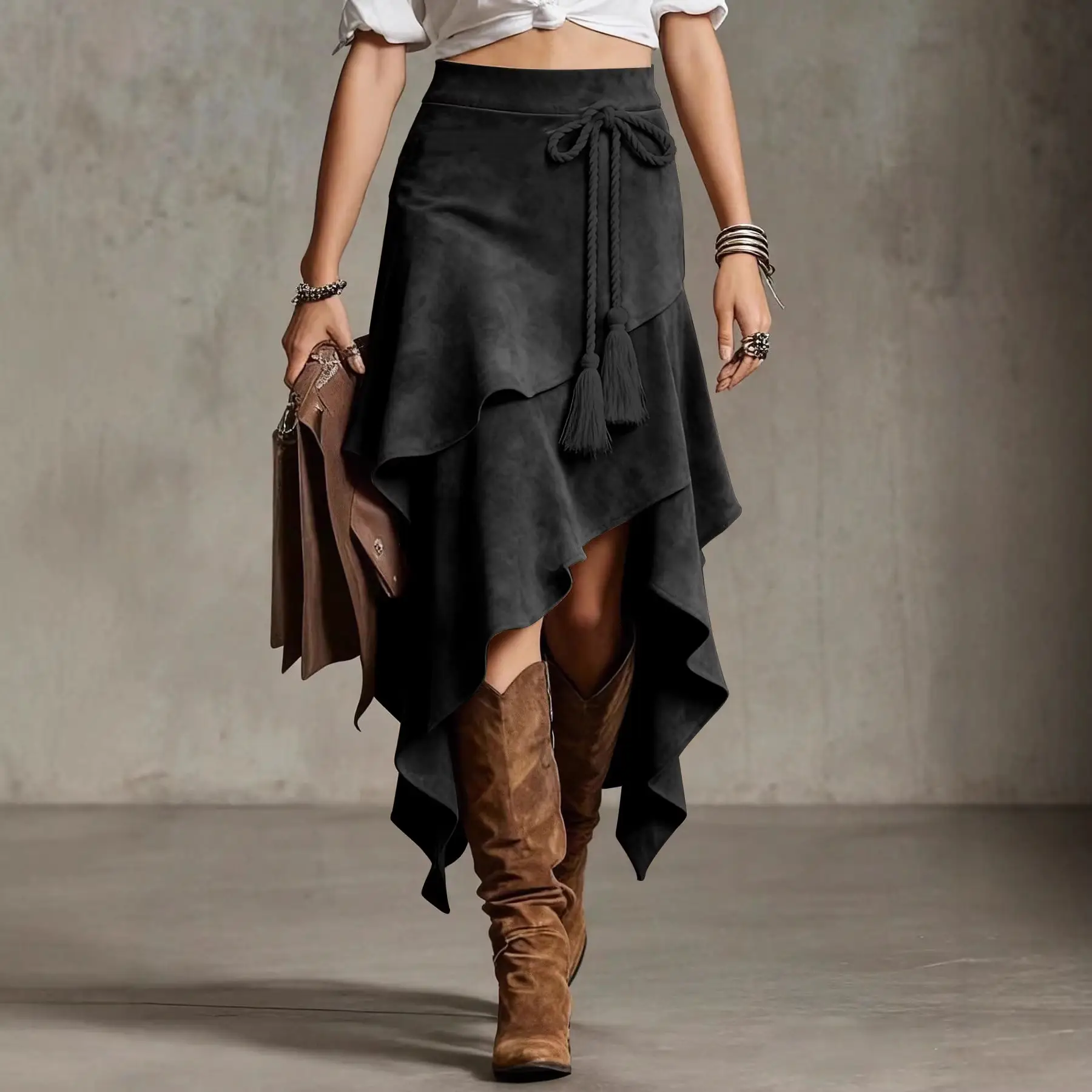 Retro Western-style Irregular Design Suede Skirt