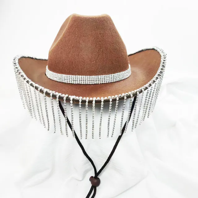 Bridal Party Rhinestone Tassel Western Denim Hat Brown - Shop at LoveMi