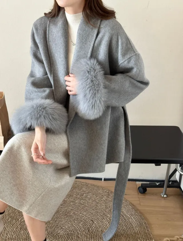 Lace up Green Collar Double sided Wool Coat Gray - Shop at LoveMi