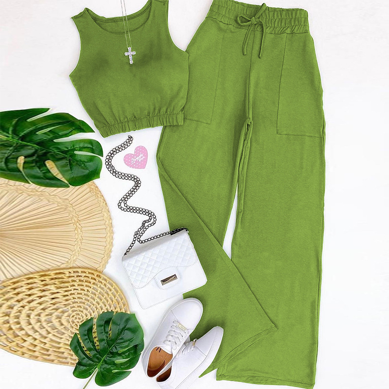 Sweet Solid Color Short Vest Drawstring High Waist Straight Pants Suit