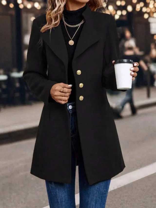 Solid Color Slim Women Woolen Coat Outerwear Black - Shop at LoveMi