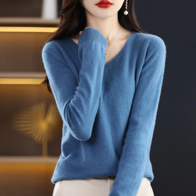 Women's Knitted New V neck Pullover Sweater Wool Base Shirt Denim Blue - Shop at LoveMi