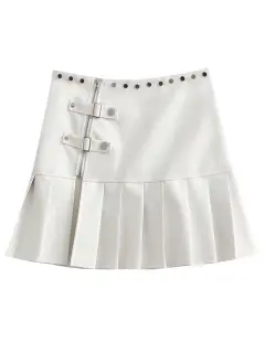 Zipper Split High Waist Mini Pleated Leather Skirt - White - View 1
