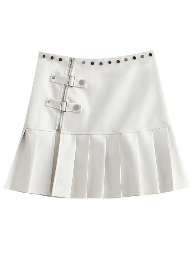 Zipper Split High Waist Mini Pleated Leather Skirt White - Shop at LoveMi