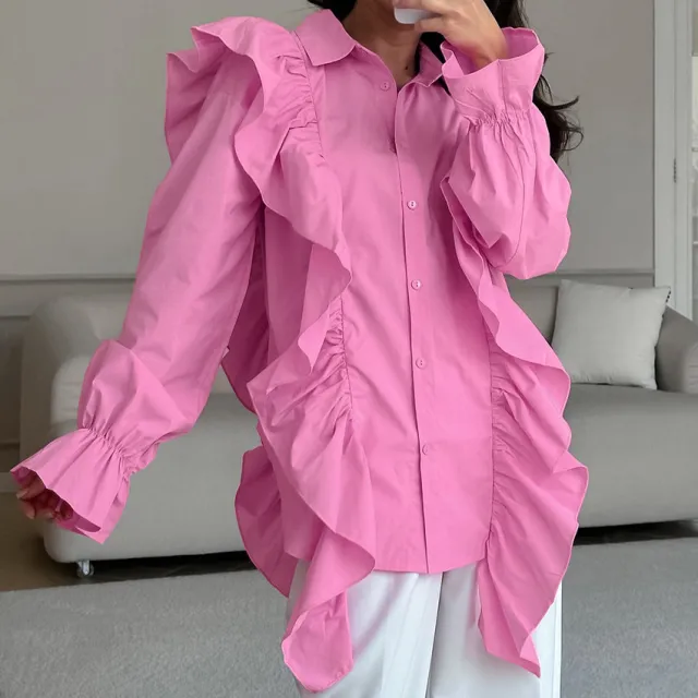 French Lapel Design Ruffled Shirt Pink - Shop at LoveMi