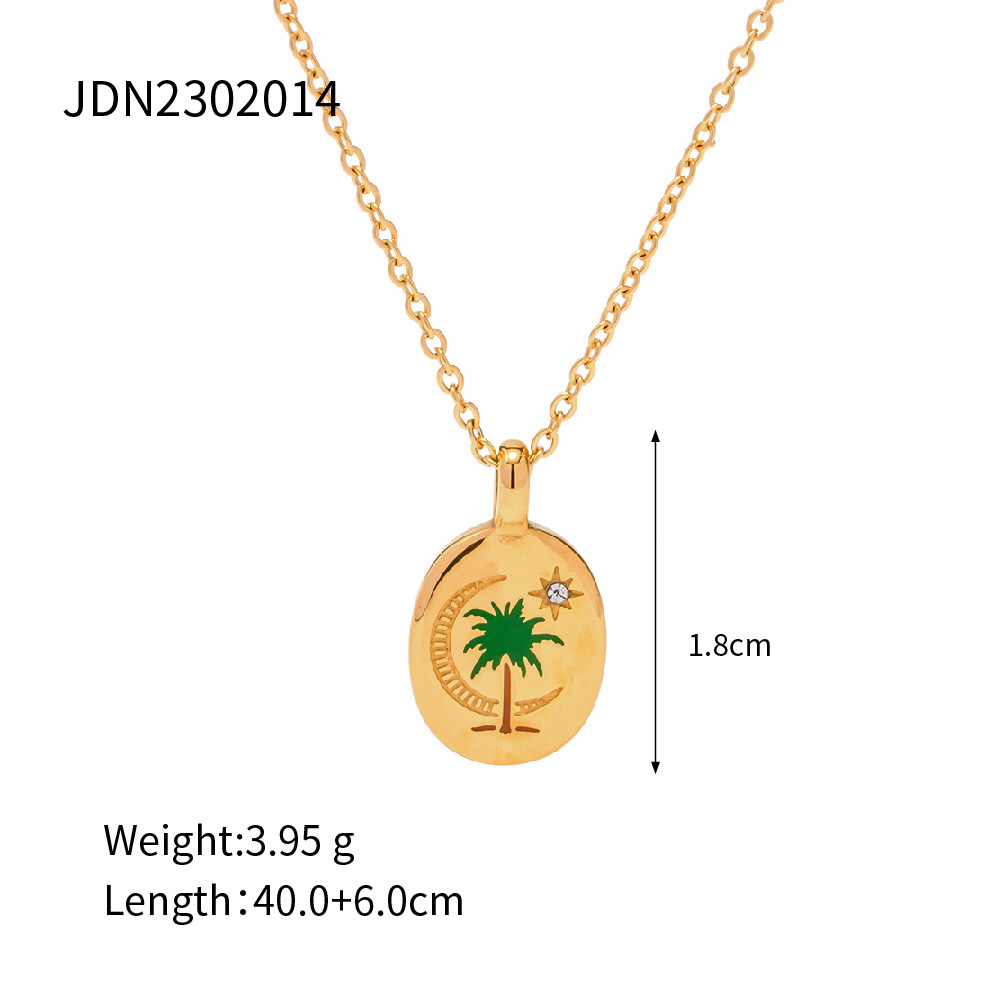 Enamel Moonlight Palm Tree Amulet Pendant Necklace