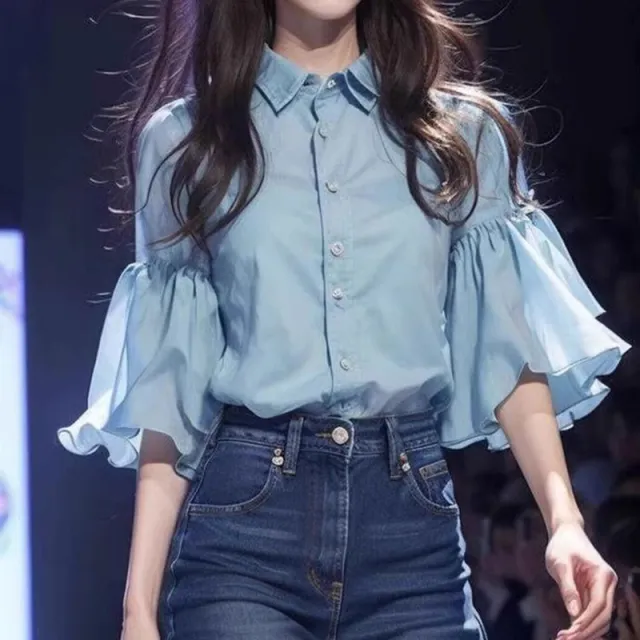 Niche Blue Bell Sleeve Chiffon Shirt Blue - Shop at LoveMi