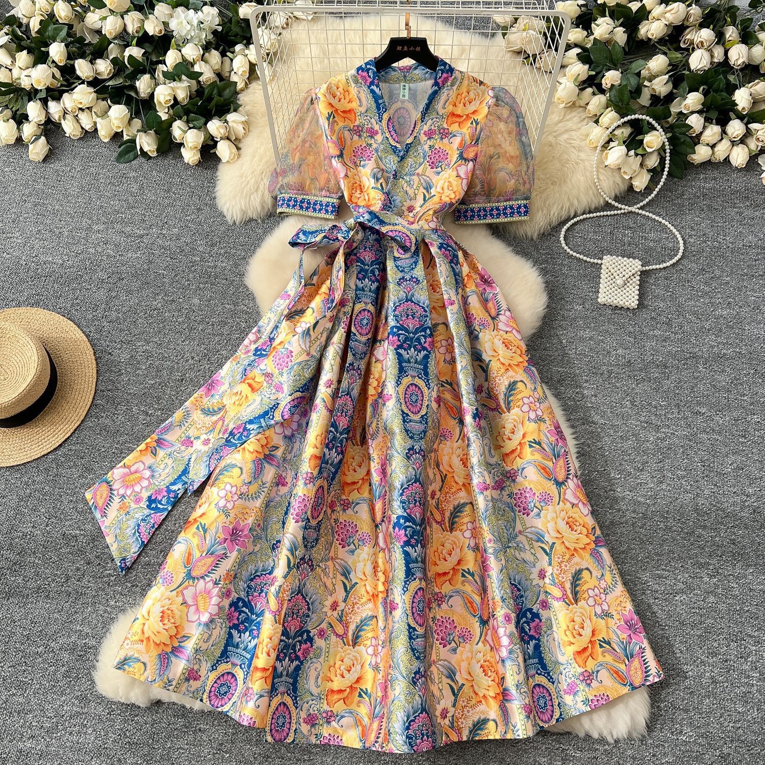 Printed Cross V-neck Lace Up Mesh Puff Sleeve Waist-tight Dress