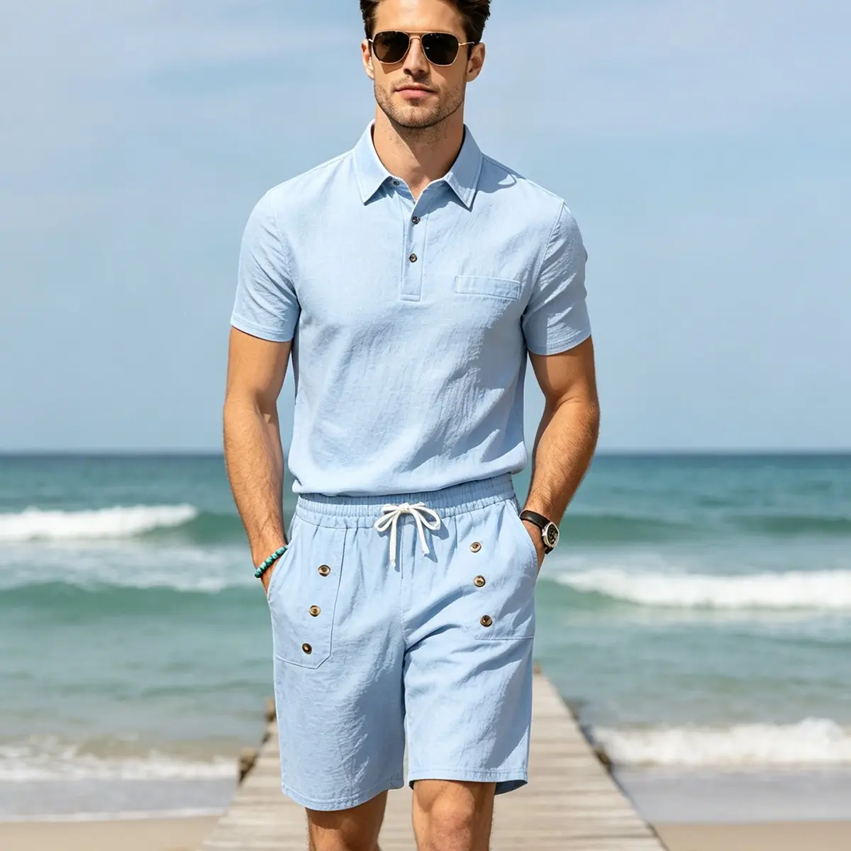 Mens Lapel Linen Polo Shirt And Shorts