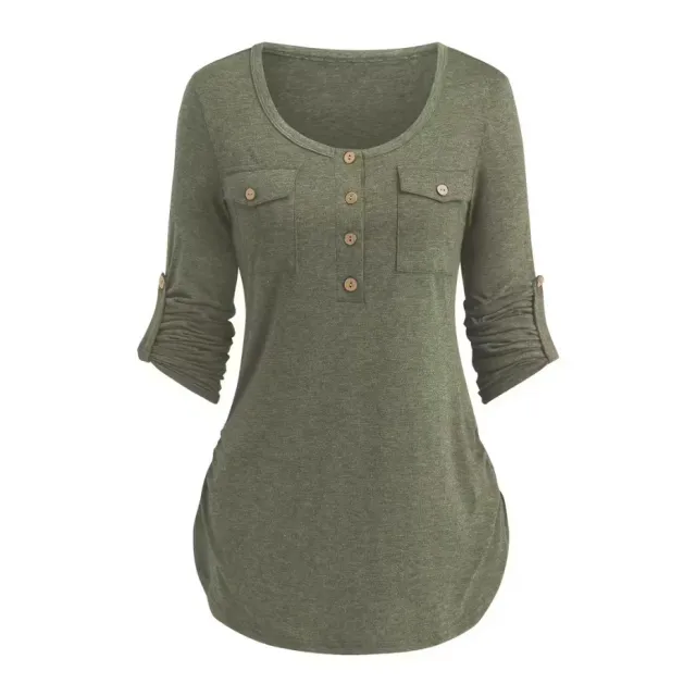 Solid Color Round Neck Long Sleeve Button Casual Beautiful Shirt Cute Olive - Shop at LoveMi