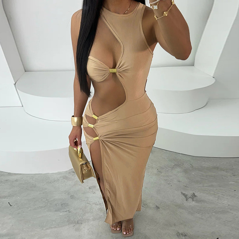 Stitching Hollow Design Irregular Long Dress